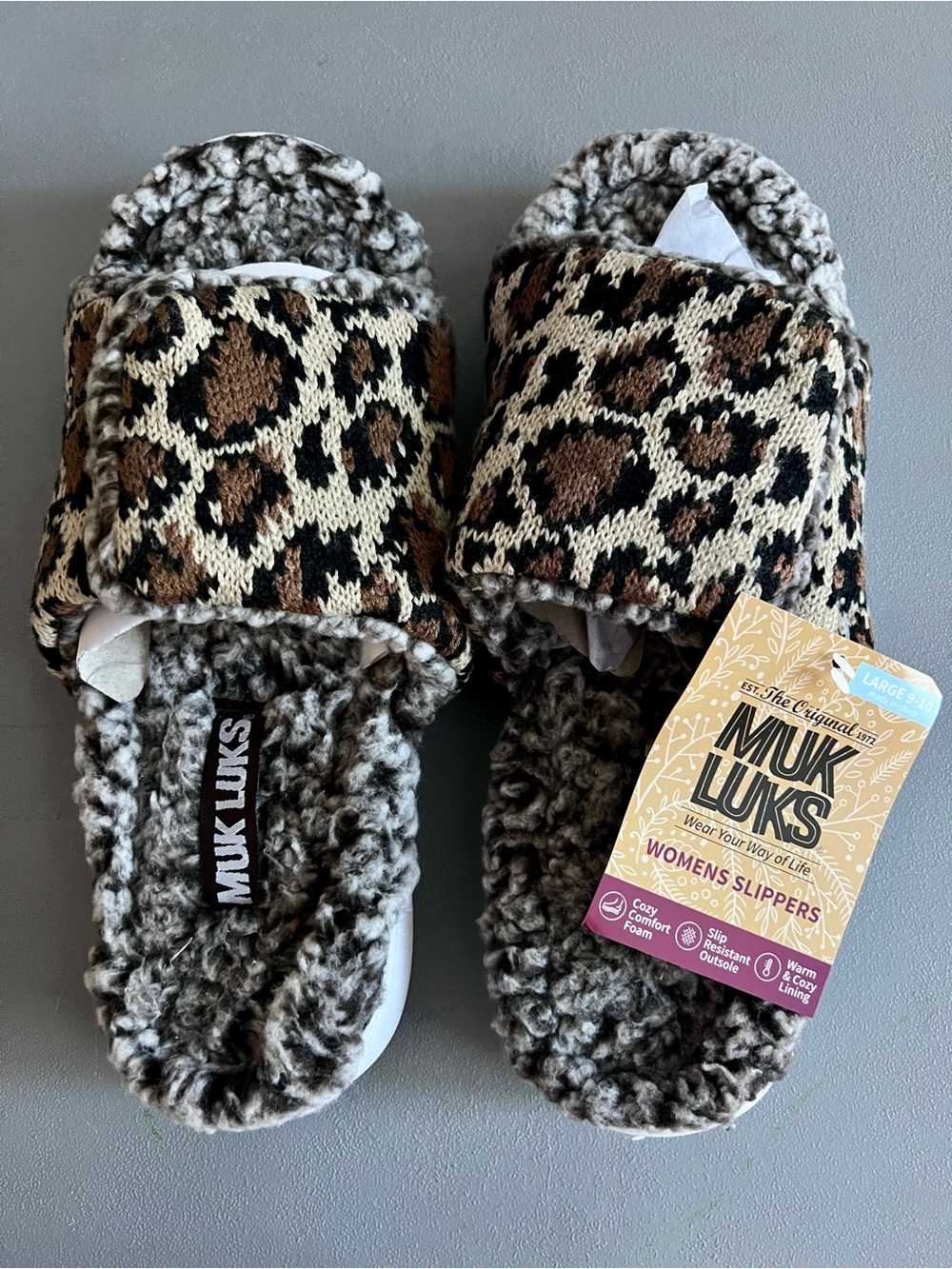 NWT MUK LUKS Faux Fur Leopard Print Open Toe Slide Slippers - Size L (9-10)